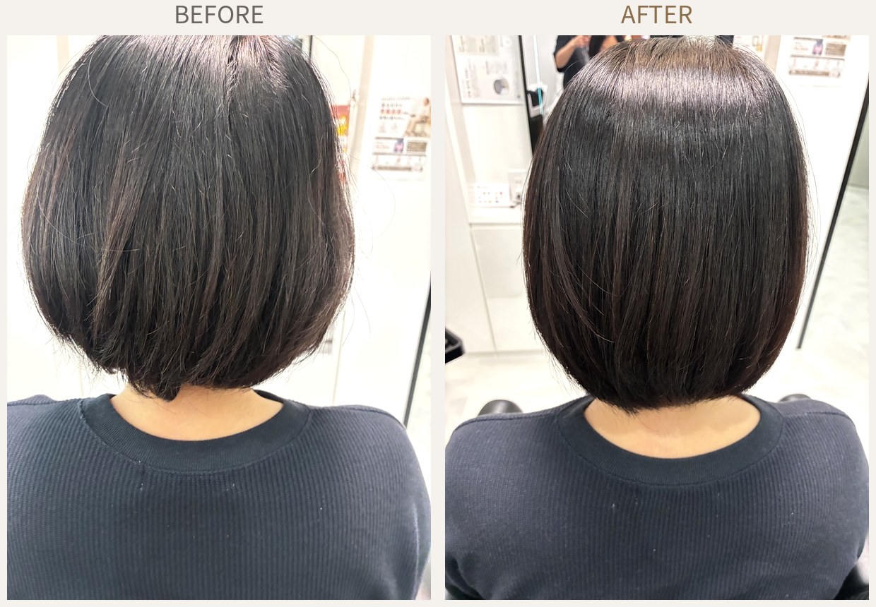 縮毛矯正のビフォーアフター うねりのあるボブが自然なストレートに 和歌山市 Hair Salon K2